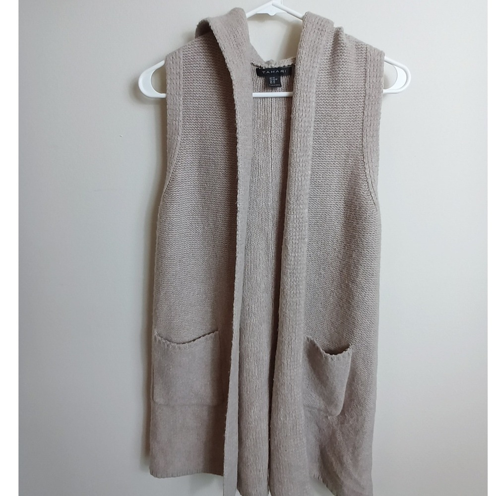 Tahari Hooded Knit Vest Womens XS Beige Excellent Open Front Wool Blend Pockets